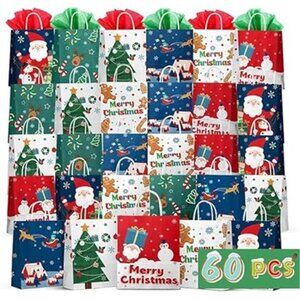 Christmas Gift Bags 60 PCS - Reusable Small‎ Holiday Bags with Tissue, 6 Styles